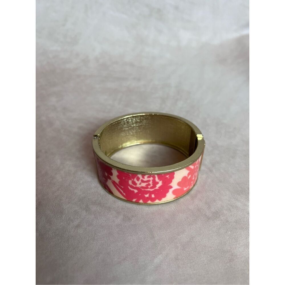 Wide Hinged Goldtone Bracelet with Pretty Pink and Red Flowers - Picture 4 of 4